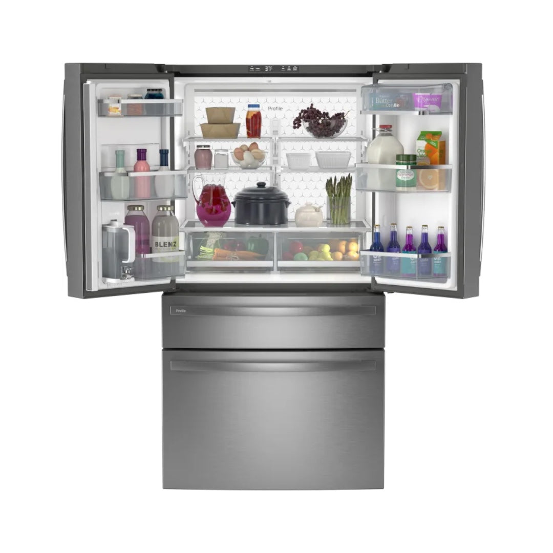 GE Profile Freestanding 4-Door Smart French Door Refrigerator with 28.7 cu. ft. Capacity, Dual-Dispense AutoFill Pitcher, 4 Glass Shelves, Gallon Bins, Adjustable Temperature Drawer, TwinChill Evaporators, and Auto Ice Maker "PGE29BYTFS"